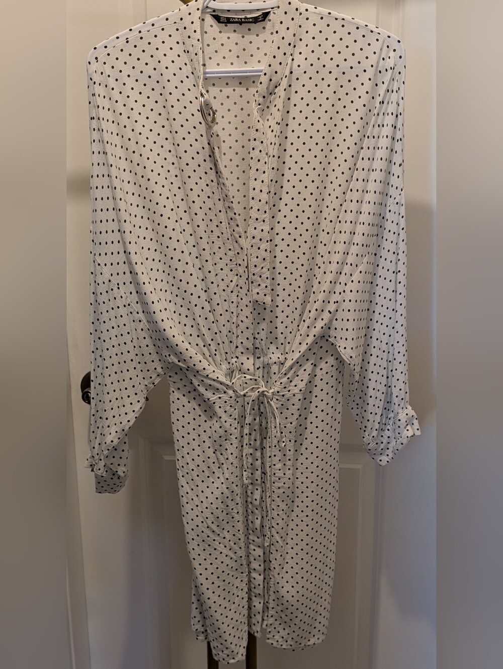 Zara White Long-Sleeve Polka Dot Tie-Waist Dress